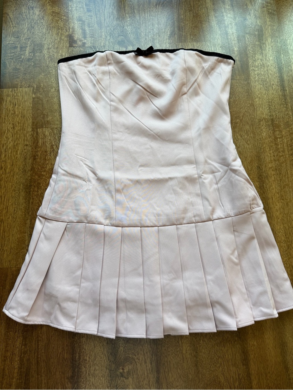 Strapless Pleated Mini Dress — Light Pink with Black Trim